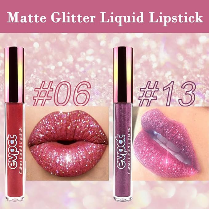evpct 2Pcs Plum & Dark Wine Red Matte to Glitter Liquid Lipstick Long Lasting Lip Set Kit for Women Diamond Shiny Glitter Sparkly Glossy Metallic Shimmer Sparkle Waterproof Lipstick Lip Gloss 06+13-VivaGrace Women
