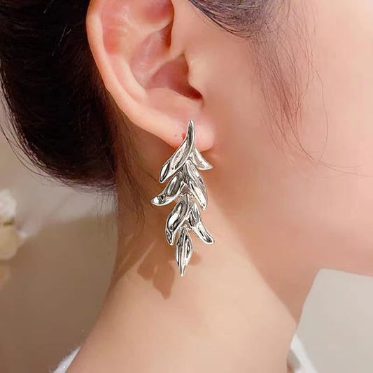 Statement Leaf Dangle Drop Earrings Vintage Silver Leaf Cluster Drop Earrings Punk Large Leaf Dangle Earrings Bridal Earring Wedding Prom Earring Jewelry for Women and Girls-VivaGrace Women