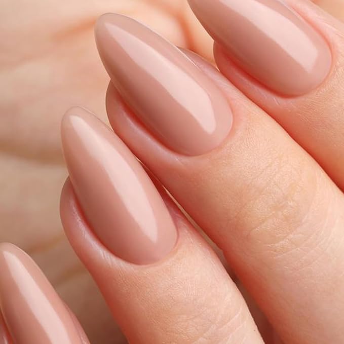 Nude Pink Press on Nails Almond Medium Fake Nails Glossy Stick on Nails with Designs Natural Pure False Nails Glue on Acrylic Nails for Women and Girls