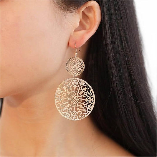 Filigree Hollow Disc Dangle Drop Earrings Boho Gold Ethnic Carved Flower Earrings Double Round Disc Drop Earrings Statement Hook Earrings Wedding Bridesmaid Jewelry for Women and Girls-VivaGrace Women
