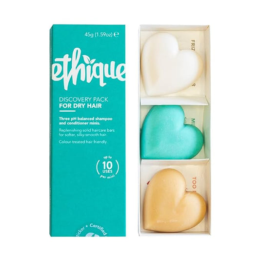 Ethique Discovery Pack for Dry Hair - Shampoo & Conditioner - Plastic-Free, Vegan, Cruelty-Free, Eco-Friendly, 3 Travel Bars, 1.59 oz (Pack of 1)-VivaGrace Women