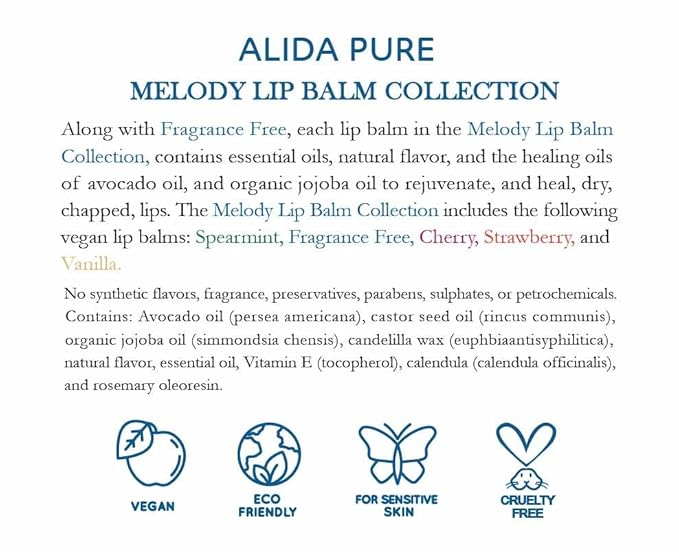 ALIDA PURE Melody Lip Balm Collection, Vegan, Lip Balm, Beeswax Free, with Avocado Oil, Organic Jojoba Oil, and Vitamin E, Natural Moisturizer for Dry, Chapped Lips, 5 Tube Set-VivaGrace Women