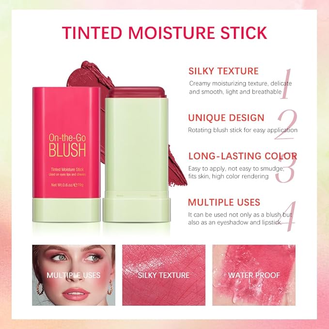 Soft Creamy Blush Stick,On-the-Go Blush,2-in-1 Cheek and Lip Tint,Waterproof Hydrating Solid Natural Moisture Smooth Blendable Matte Finish Face Blush Makeup,02 hot red-VivaGrace Women