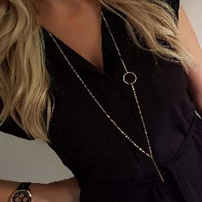 Vertical Bar Circle Necklace Silver Circle Pendant Necklace Boho Long Necklaces Chain Minimalist Geometric Ring Necklace Jewelry for Women and Girls-VivaGrace Women