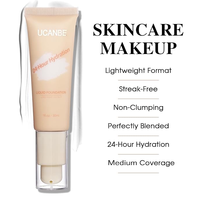 UCANBE White Liquid Foundation with Brush, Skincare Serum Foundation Face Makeup with Hyaluronic Acid, Medium to Medium to Full Coverage Waterproof Oil Control Longwear, for Mature Skin, 1 fl. oz.-VivaGrace Women