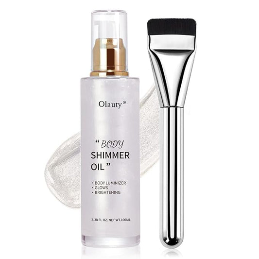 Shimmer Body Oil-Pearl White Face Brighten Glow Pearl Highlighter Liquid Illuminator Body Glow Oil,4 Color Bronze Makeup Glitter Body Shimmer Oil with Makeup Brush-VivaGrace Women
