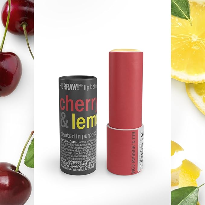 Hurraw! Cherry & Lemon Lip Balm, 3 Pack: Plastic-Free with new cardboard push-up tube. Certified Organic, All Natural Origin, Vegan & Cruelty Free. Gluten Free. Bee, Shea, Soy & Palm Free. Made in USA-VivaGrace Women