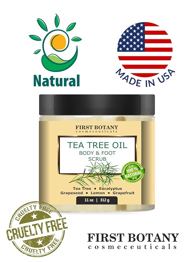 First Botany 100% Natural Tea Tree Oil Body & Foot Scrub with Salt - Best for Acne, Dandruff and Warts, Corns, Calluses, Athlete foot, Jock Itch & Body Odor-VivaGrace Women