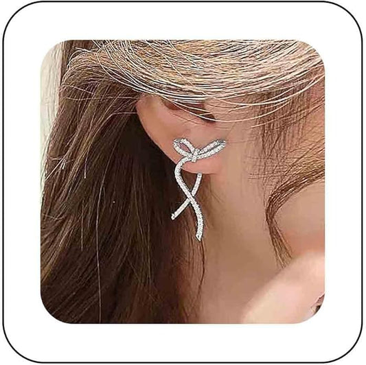 Vintage Crystal Bow Earrings Rhinestone Bow Drop Earrings Long Cz Rhinestone Earrings Gold Bow Cz Stud Earrings Jewelry for Women-VivaGrace Women