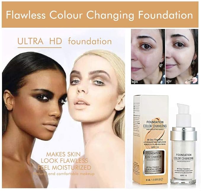 30ML Flawless Colour Changing Warm Skin Tone Foundation,Naturally Blends Moisturizing foundation makeup,Long Lasting Waterproof Poreless Liquid Foundation SPF 15 for Face Makeup-VivaGrace Women