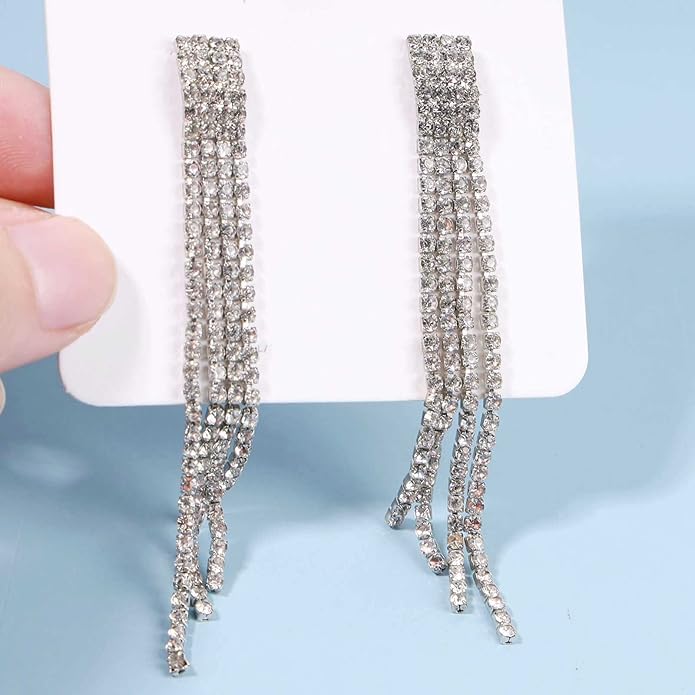 Boho Rhinestone Tassel Earrings Long Fringe Drop Dangle Earrings Silver Crystal Chain Tassel Earrings Vintage Chandelier Chain Studs Earrings Luxury Statement Earrings Jewelry for Women and Girls Gifts-VivaGrace Women
