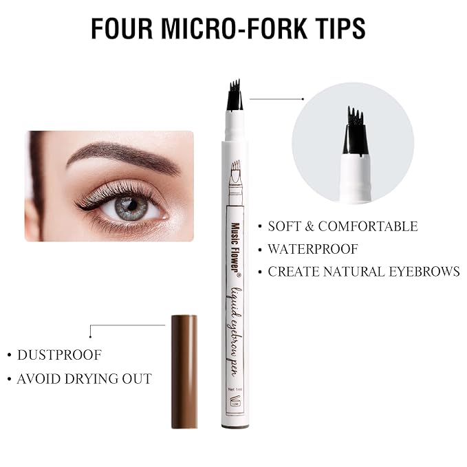 Music Flower Eyebrow Pen, Liquid Eyebrow Pen, Waterproof Brow Pencil with Micro-Fork Tip, Smudgeproof Long Lasting Fine Sketch Microblading Pen, Reddish Brown-VivaGrace Women