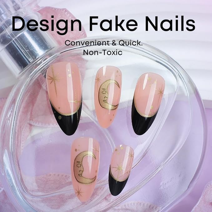 Gold Moon Star Press on Nails Medium Almond Fake Nails with Design Black French tips Glue on Nails Glossy Spring Nails Reusable Summer Fall False Nails for Women Girls Manicure 24pcs