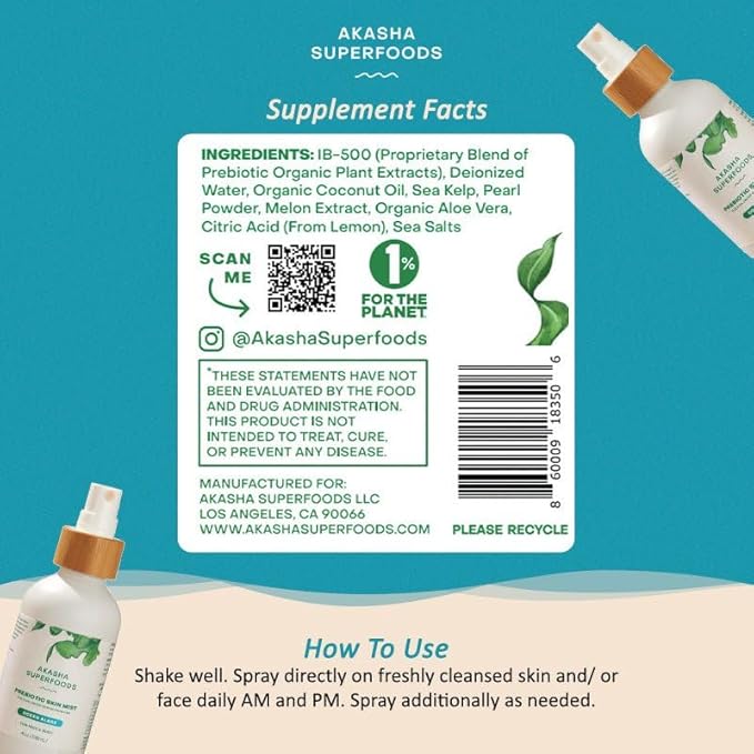 Akasha Prebiotic Skin Mist 3.4oz I Organic Facial Mist, Sea Kelp Extract, Face Spray for Naturally Restoring the Skins Microbiome, Dewy, Help Acne, Psoriasis & Sunburn*, Anti Aging Skin Care Products-VivaGrace Women