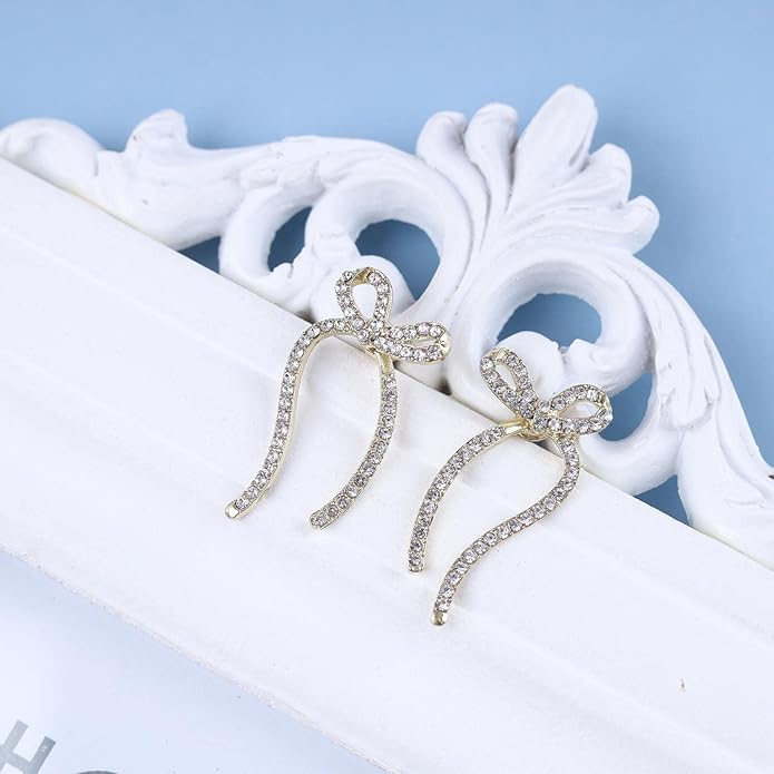 Vintage Crystal Bow Earrings Rhinestone Bow Drop Earrings Long Cz Rhinestone Earrings Gold Bow Cz Stud Earrings Jewelry for Women-VivaGrace Women
