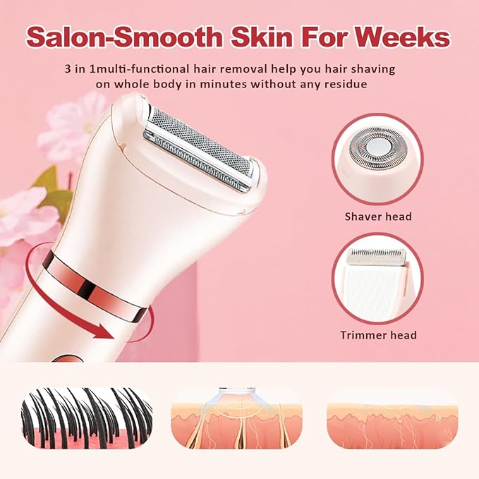Electric Razor for Women,3 in 1 Shaver Hair Remover for Women Face,Wet & Dry Painless Shaver Bikini Trimmer for Face,Legs and Underarm (Pink)-VivaGrace Women