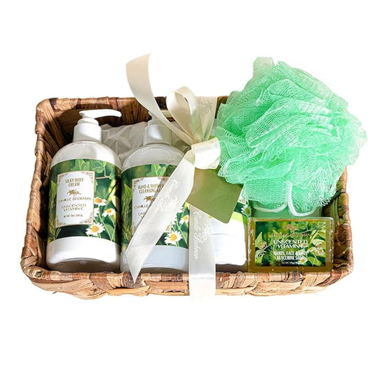 Camille Beckman Essentials Gift Basket, Vitamin E Unscented, Glycerine Hand Therapy 6 oz, Silky Body Cream 13 oz, Hand and Shower Cleansing Gel 13 oz, Glycerine Soap 3.5 oz-VivaGrace Women
