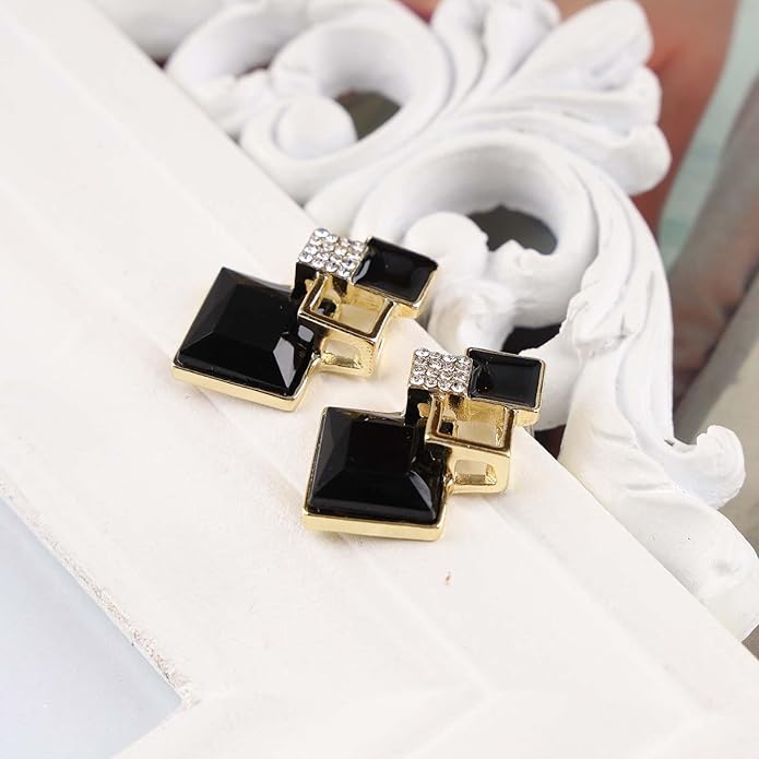 Vintage Crystal Square Drop Earrings Black Square Stud Earrings Gold Hollow Square Dangle Earrings Black Onyx Square Earrings Jewelry for Women-VivaGrace Women