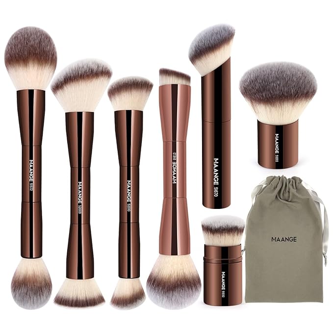 MAANGE 7pcs Makeup Brush Set Double Sided Kabuki Makeup Brushes Contour Brush for Foundation Liquid Powder Concealer Cream Cosmetics Bronzer Blending Blush Buffing Makeup Tools (Coffee)-VivaGrace Women
