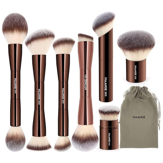 MAANGE 7pcs Makeup Brush Set Double Sided Kabuki Makeup Brushes Contour Brush for Foundation Liquid Powder Concealer Cream Cosmetics Bronzer Blending Blush Buffing Makeup Tools (Coffee)-VivaGrace Women