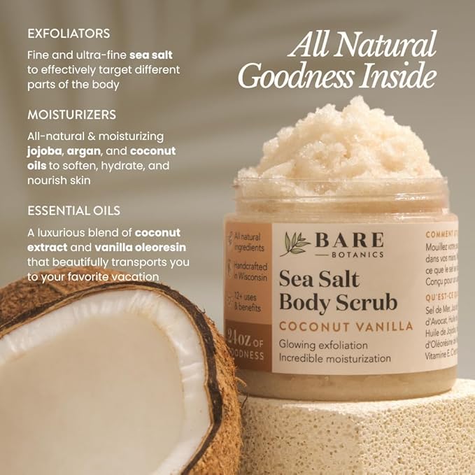 Bare Botanics Coconut Vanilla Body Scrub 24oz | Made in Madison, WI | All Natural Sea Salt Exfoliator w/ Skin Loving Moisturizers | Vegan & Cruelty Free | Gift Ready Packaging w/ a Cute Wooden Spoon-VivaGrace Women