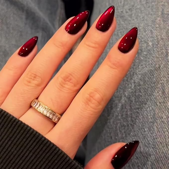 KQueenest Dark Red Press on Nails Cat Eye, Burgundy Glitter Press on Nails Almond Medium, Sparkly Shiny Fake Nails Set, Cute Bling Glue on Nails Medium Length for Women Holiday, Gothic Design, 30 Pcs