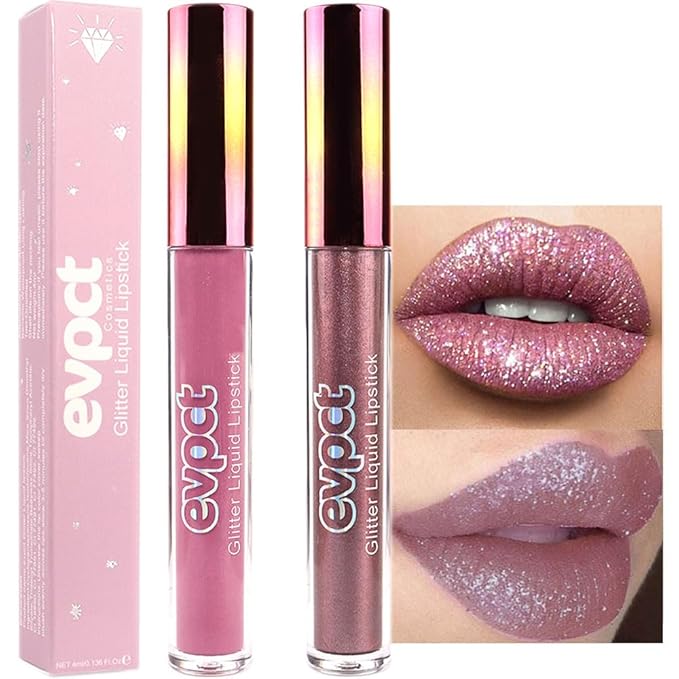evpct 2Pcs Mauve & Taupe Mauve Glitter Metallic Shimmer Diamond Lipstick Lip Gloss Stain Set for Women Long Lasting Waterproof, Purple Sparkle Glitter Matte long Wear Liquid Lipstick Lip Makeup Kit-VivaGrace Women