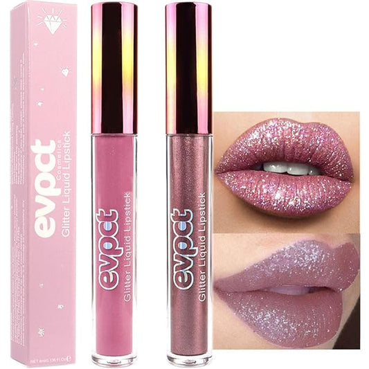 evpct 2Pcs Mauve & Taupe Mauve Glitter Metallic Shimmer Diamond Lipstick Lip Gloss Stain Set for Women Long Lasting Waterproof, Purple Sparkle Glitter Matte long Wear Liquid Lipstick Lip Makeup Kit-VivaGrace Women