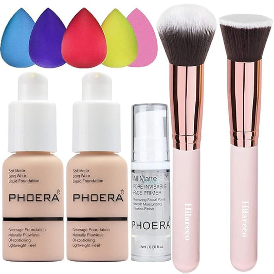 PHOERA Foundation Makeup for Wome Full Coverage Foundation Set,Face Primer Foundation Brush Powder Brush,5 Makeup Sponge,30ml PHOERA 24HR Matte Oil Control Concealer (101 Porcelain + 102 Nude)-VivaGrace Women