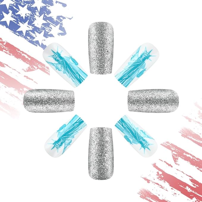 Independence Day Press on Nails Medium Square Fake Nails with Red Blue American Flag Design Glitter False Nails Statue of Liberty Glue on Nails 4th of July Acrylic Nails for Women Girls Manicure 24Pcs