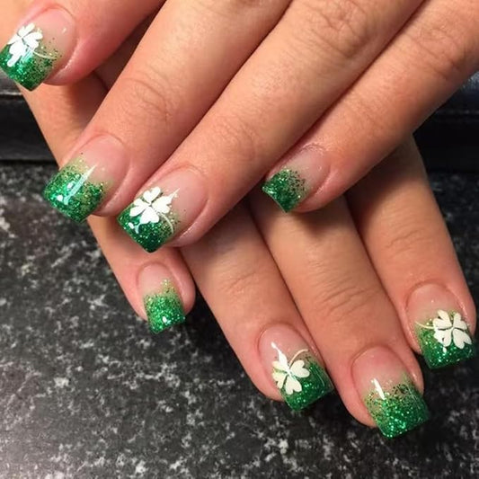 St. Patrick's Press on Nails Clover Short Square Fake Nails Green French Tip False Nails Green Glitter Acrylic Nails Nude Pink Stick on Nails St. Patrick's Glue on Nails for Women