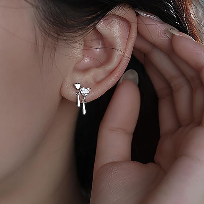 Vintage Crystal Heart Drop Earrings Silver Cz Teardrop Earrings Rhinestone Love Heart Stud Earrings Sparkly Tiny Heart Earrings Jewelry for Women-VivaGrace Women