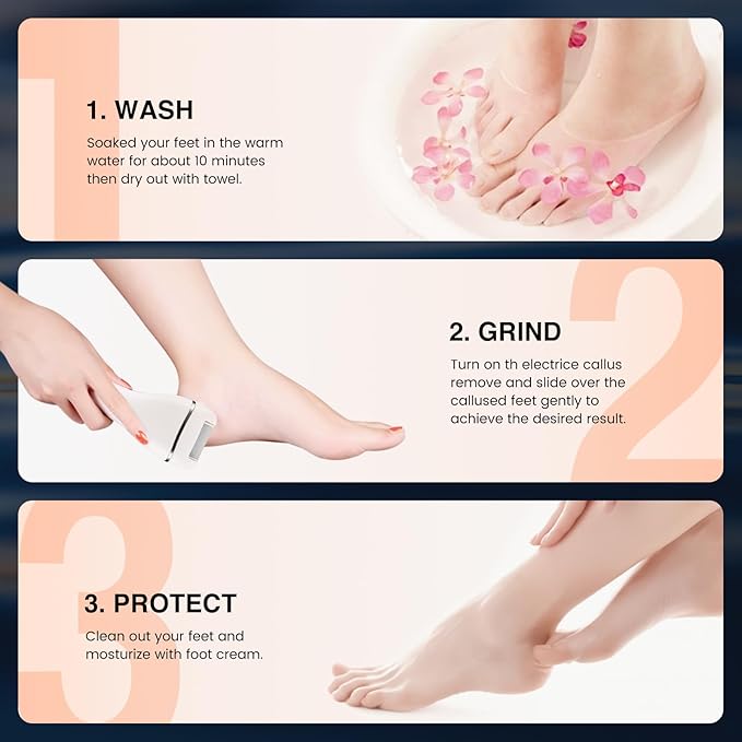 Electric Foot Callus Remover, Rechargeable Portable Electronic Foot File Pedicure Kits, 3 Roller Heads, 3 Speed, Battery Display for Remove Cracked Heels Calluses and Dead Skin-VivaGrace Women