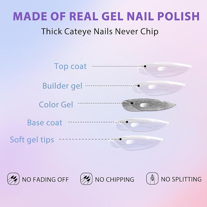 KQueenest 30 Pcs Cat Eye Hot Pink Press on Nail Short Medium Almond, Glitter Fake Nails Glue on Bling, Sparkle Thick Acrylic Nails Press on, Cute Reusable False Nails for Women Nail Art