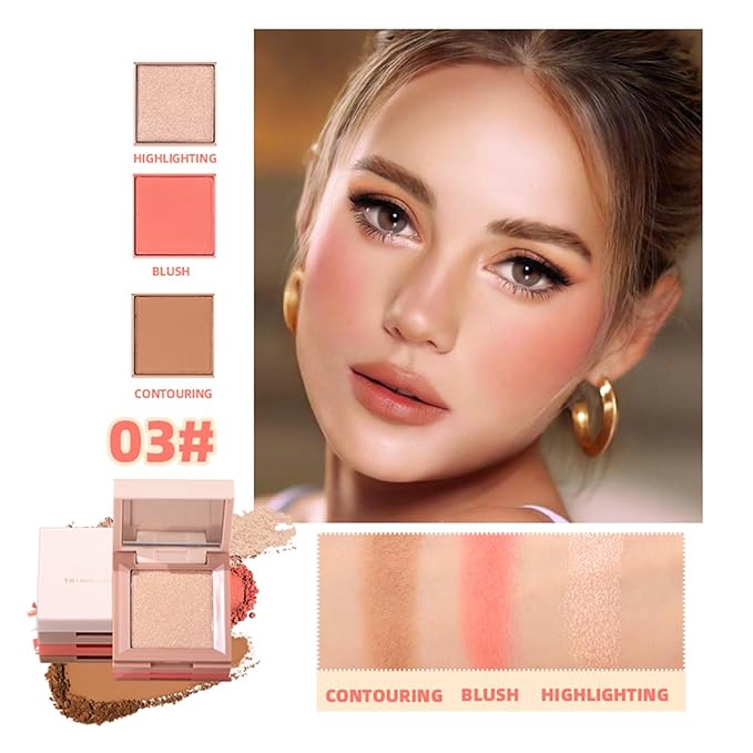 3 in 1 Contour Highlighter Blush Makeup Palette Kit, Matte Shimmer 3 Colors Highlighting Bronzing Blusher Eyeshadow Pallet, Long Lasting Full Face Eyes Contouring Shaping Makeup Set with Mirror-VivaGrace Women