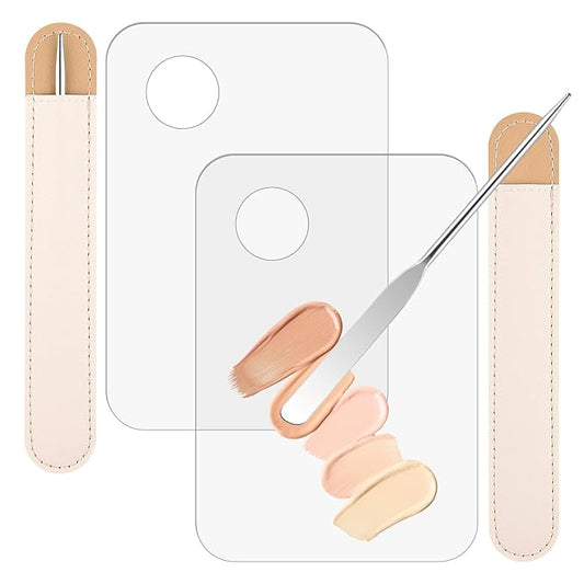 WXJ13 6 Pieces Makeup Spatula and Palette Set Including 2 Stainless Steel Makeup Spatula 2 Leather Cover 2 Makeup Mixing Palette for Eye Shadow/Eyelash/Nail Art/Foundation-VivaGrace Women