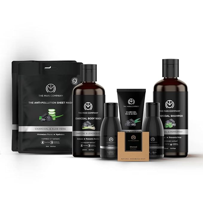The Man Company Ultimate Charcoal Detan Kit with Elegant Gift Box | Charcoal Body wash, Shampoo, Face Scrub, Face wash, Charcoal Soap, Cleansing gel, Charcoal Sheet mask*2 (Set of 8)-VivaGrace Women