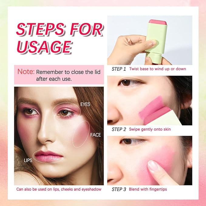 Multi-Use Makeup Blush Stick, Tinted Solid Moisturizer On-the-Go Blush, Multi-use Cream Blush Stick for Cheek & Eyes & Lips, Waterproof Natural Nude Makeup for All Skin (1# Shy Pink)-VivaGrace Women