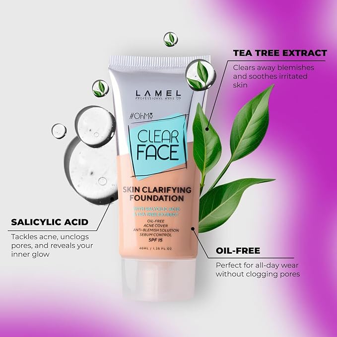 Lamel- Oh my Clear Face Foundation-405 Buff Beige | Contains tea tree extract and salicylic acid |Controls sebum production |Anti-blemish formula |Oil free foundation | 40ml-VivaGrace Women