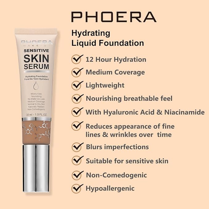 PHOERA Hydrating Serum Foundation,Makeup Base Foundation Hypoallergenic and Flawless Full Coverage.(N01 Porcelain)-VivaGrace Women