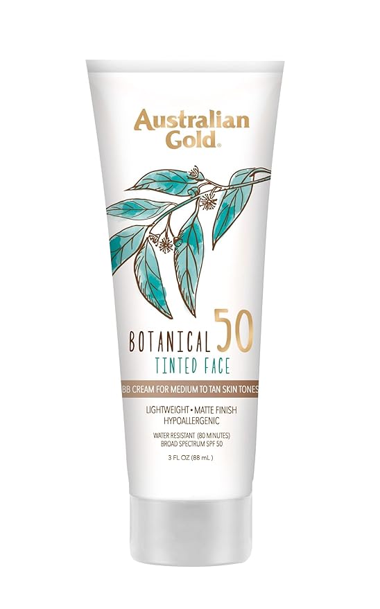 Australian Gold Botanical SPF 50 Tinted Mineral Sunscreen for Face, Non-Chemical BB Cream, Water-Resistant, Matte Finish, For Sensitive Facial Skin, Medium to Tan Skin Tones, 3 FL Oz-VivaGrace Women