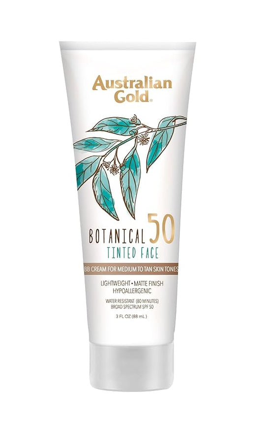 Australian Gold Botanical SPF 50 Tinted Mineral Sunscreen for Face, Non-Chemical BB Cream, Water-Resistant, Matte Finish, For Sensitive Facial Skin, Medium to Tan Skin Tones, 3 FL Oz-VivaGrace Women