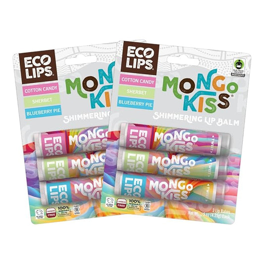Mongo Kiss Shimmering Lip Balms (6 tubes, 2 packs) by Eco Lips 100% Natural Lip Balms featuring Organic Mongongo Oil, Cotton Candy, Sherbet and Blueberry Pie flavors - Made in USA.-VivaGrace Women
