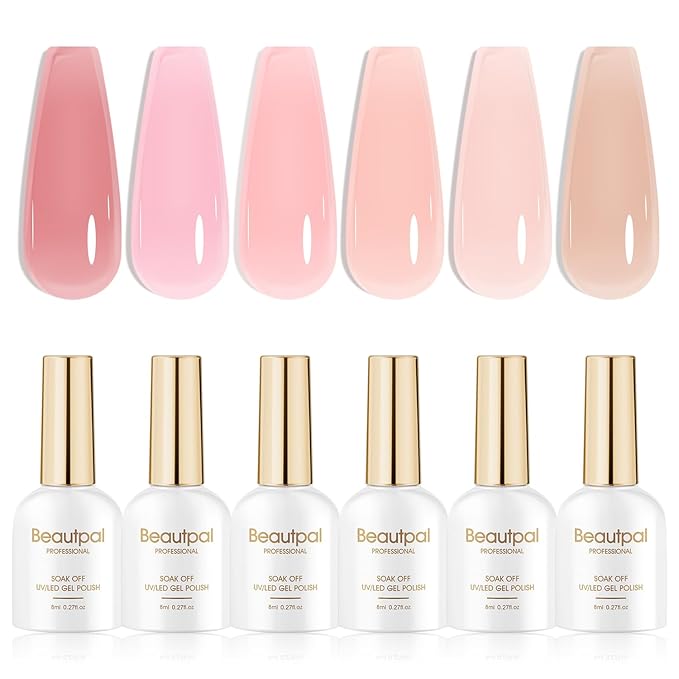 Beautpal Jelly Nude Pink Gel Nail Polish of 6 Colors Translucent Milky White Nude Sheer Gel Polish Kit for Salon Manicure and Nail Art DIY at Home 8ml