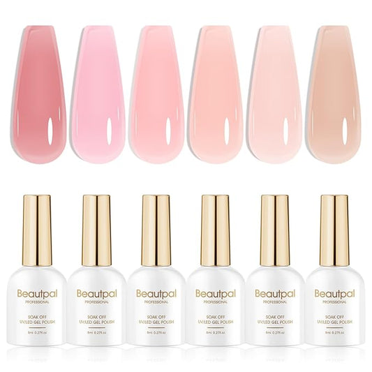Beautpal Jelly Nude Pink Gel Nail Polish of 6 Colors Translucent Milky White Nude Sheer Gel Polish Kit for Salon Manicure and Nail Art DIY at Home 8ml