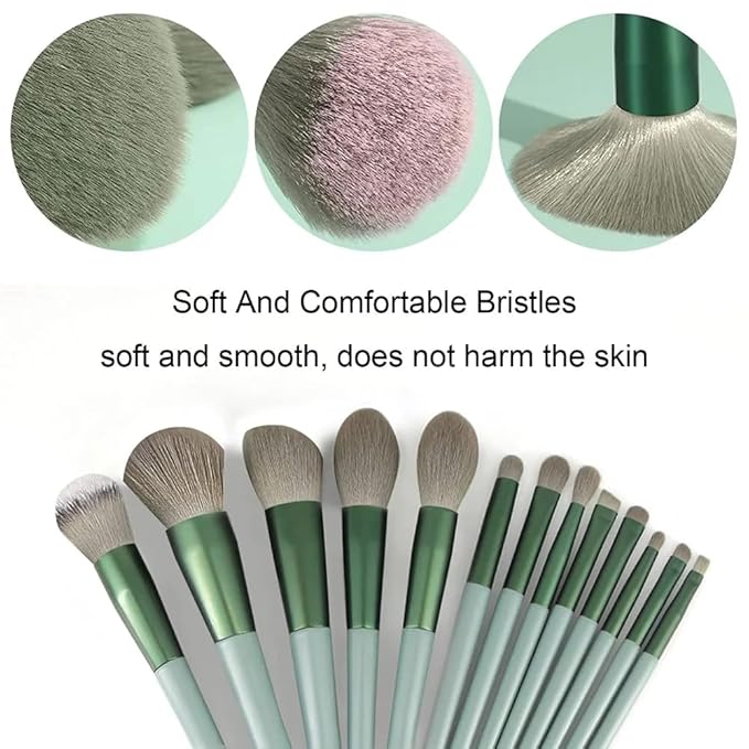 Foundation Makeup Brush Set Kit | 13 Pcs Premium Synthetic Kabuki Eye Shadows Make Up Brushes + 1 Sponge + 1 Brush Bag for Travel and Home Use (GREEN)-VivaGrace Women