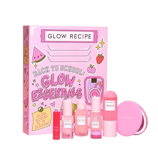 Glow Recipe Back to School Essentials Korean Skin Care Set - Watermelon Fine Mist, Dew Drops, PHA Facial Toner, Pink Juice Moisturizer, Strawberry Blur Drops, Glossy Balm & Compact Mirror (7 Count)-VivaGrace Women