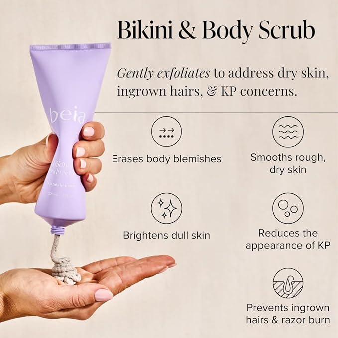 Beia Bikini & Body Scrub - Gentle Exfoliating Body Scrub with Glycolic Acid & Rice Extract - Fights Ingrown Hairs KP Bumps & Dry Skin - Hydrating & Soothing for Sensitive Skin 7.6 Oz-VivaGrace Women