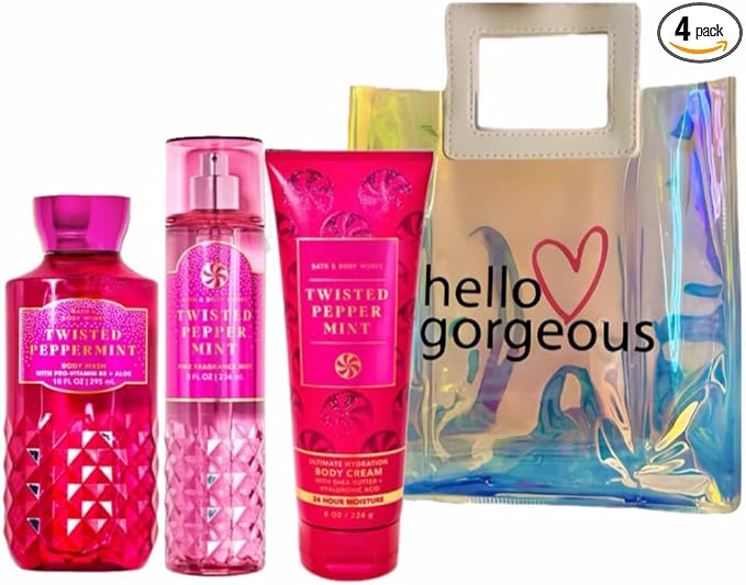 Bath & Body Works - 3 Piece Bundle - Spray - Body Cream - Shower Gel - Full Size and Gift Bag HELLO GORGEOUS (Twisted Peppermint)-VivaGrace Women