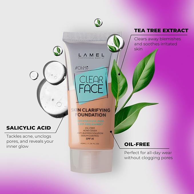 Lamel- Oh my Clear Face Foundation-406 Sand | Contains tea tree extract and salicylic acid |Controls sebum production |Anti-blemish formula |Oil free foundation | 40ml-VivaGrace Women